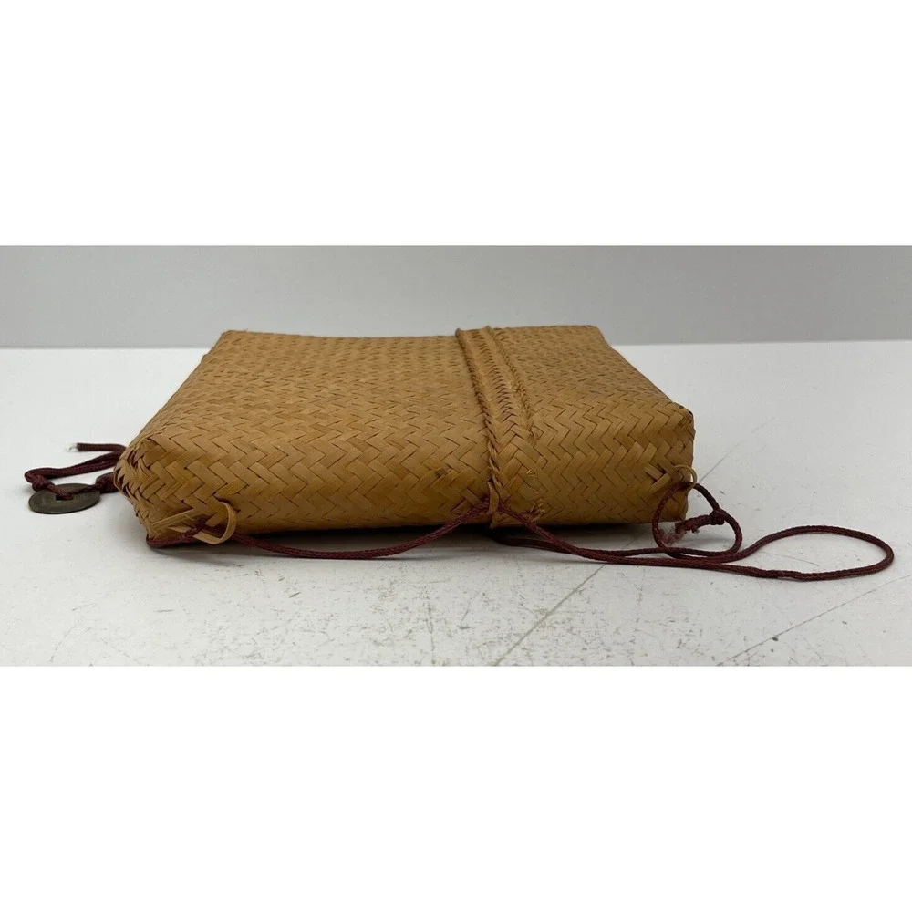 Handmade Woven Bag Backpack Vintage Basket Tan Bamboo With Lid & Chinese Coin